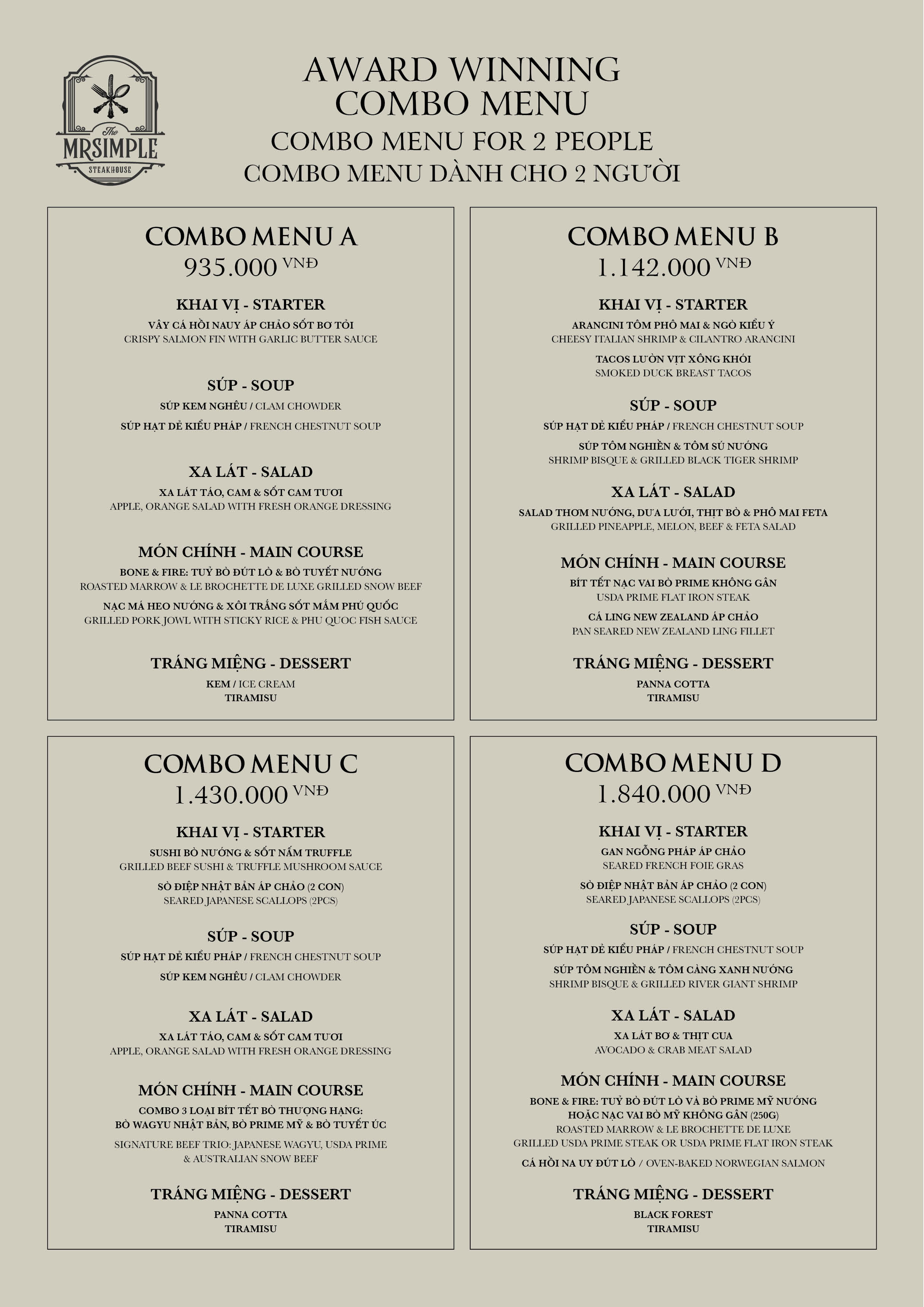 Combo menu dành cho 2 người